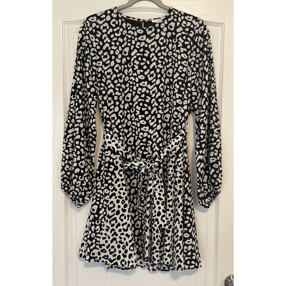 Jade Melody Tam Leopard Print Dress Black White Flared Hem Tie Waist NWT L
